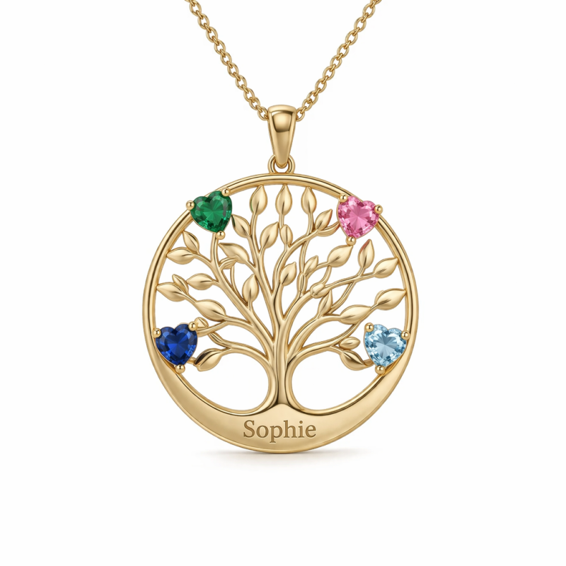 14K Gold Personalized Birthstone Engravable & Tree Of Life Pendant Necklace-1