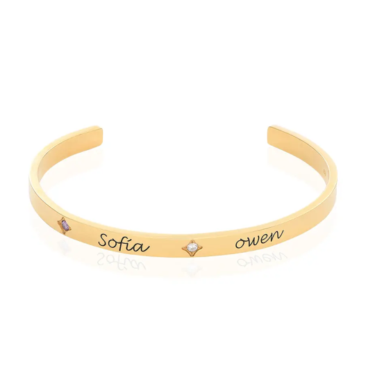 Bracelet jonc simple en vermeil doré personnalisé avec gravure de pierre de naissance pour femmes et hommes