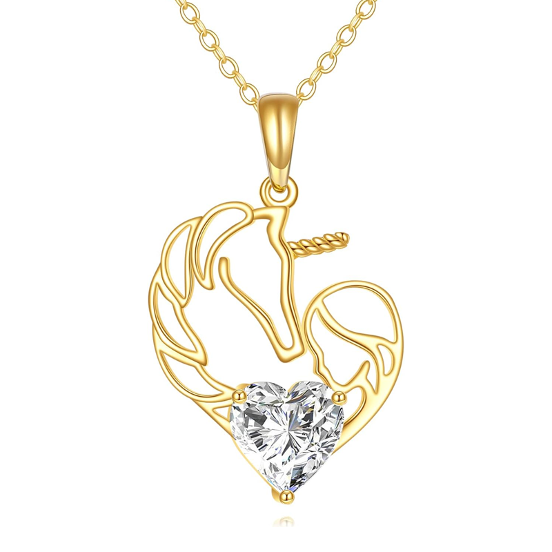 Collar de unicornio con corazón y piedra natal personalizado en oro de 14 quilates para mujer-1
