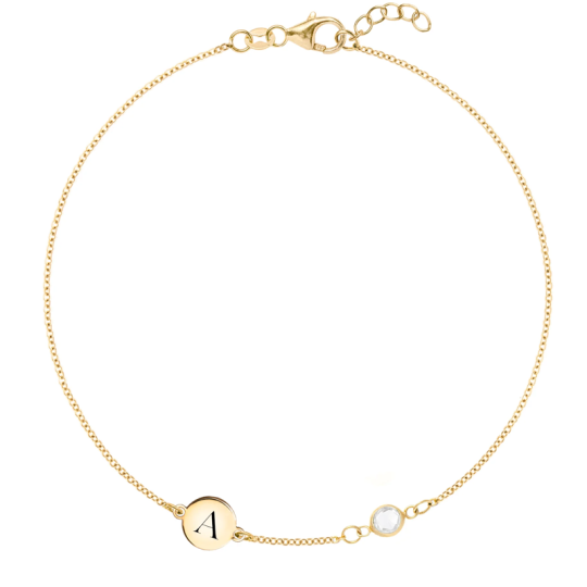 Pulsera de oro vermeil con dije personalizado de inicial y piedra natal para mujer