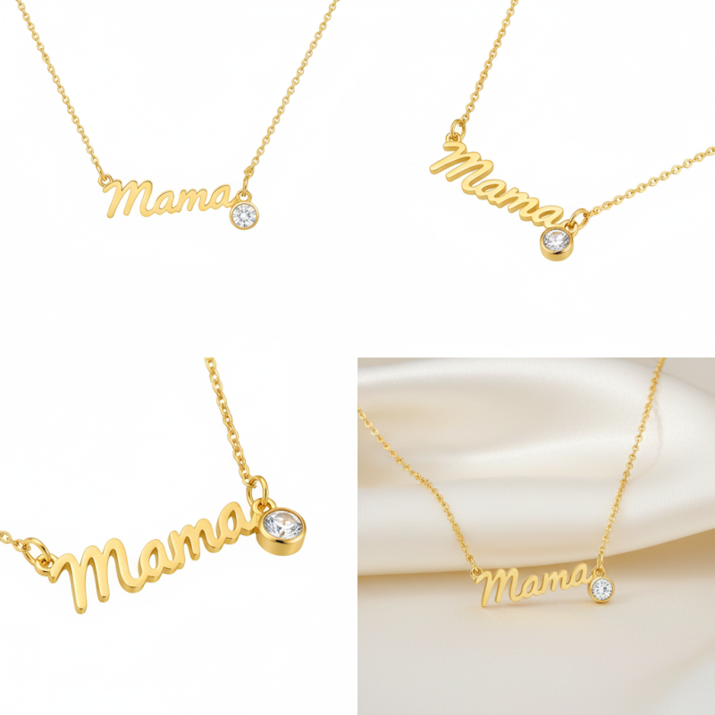 10K Gold Personalized Birthstone MAMA Pendant Necklace-3