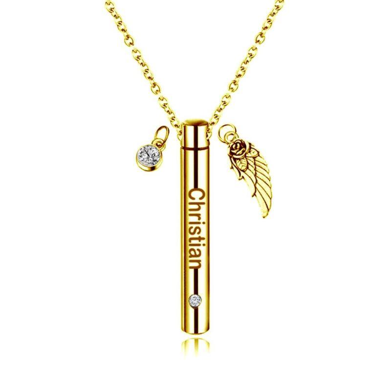 Collier urne funéraire personnalisé en or 14 carats avec pierre de naissance, nom et aile d'ange-1