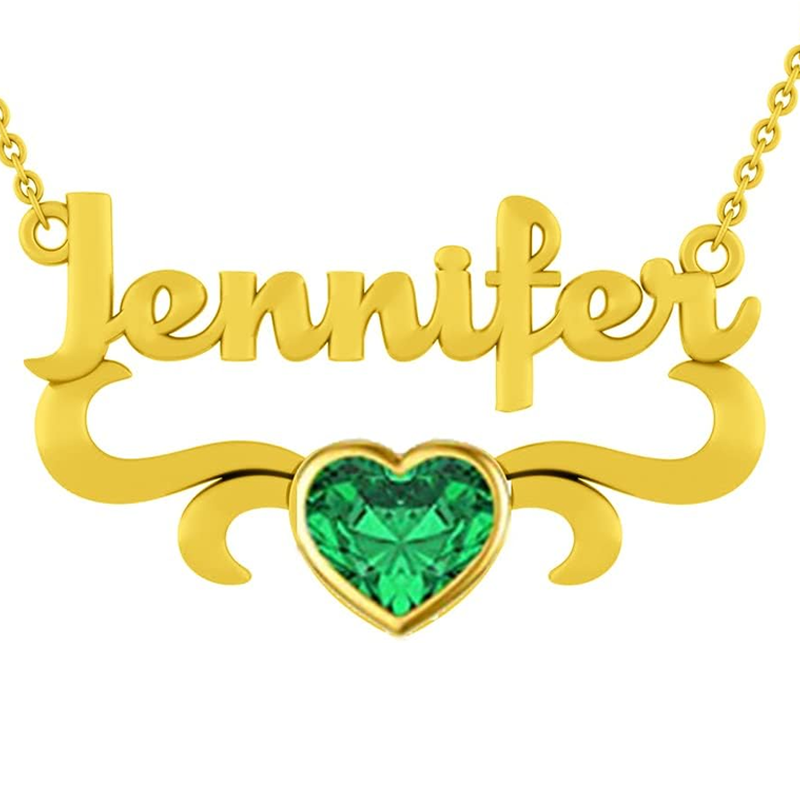 Collier cœur plaqué or 10 carats avec pierre de naissance personnalisée et nom pour femmes et hommes-1