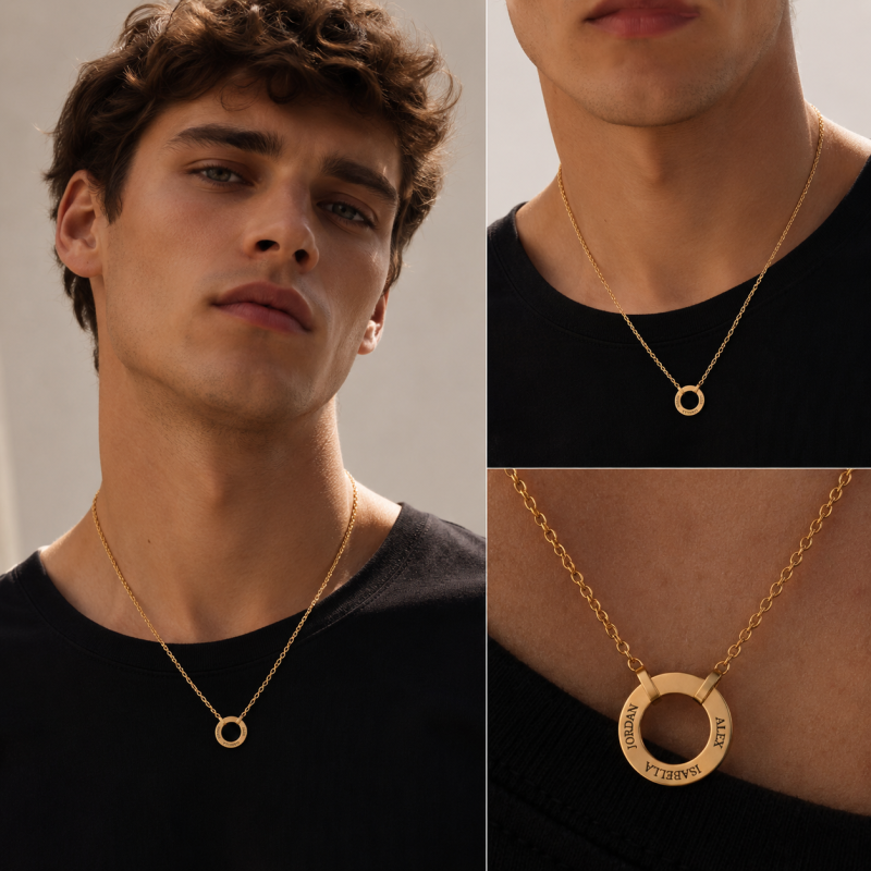 18K Gold Personalized Circle Pendant Necklace for Father’s Day-3