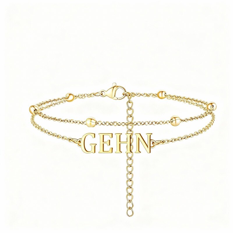 Bracelet de cheville à breloques multicouches classique personnalisé avec nom en or 14 carats-1