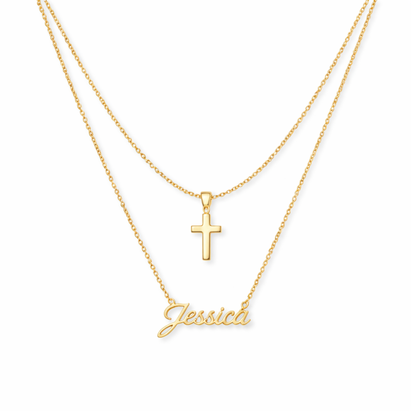 10K Gold Personalized Classic Name & Women's Cross Layered Necklace-1
