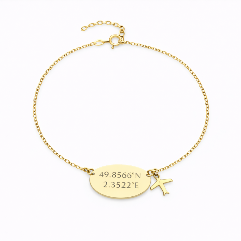 Pulsera con dije de avión y grabado personalizado en oro de 10 quilates-1