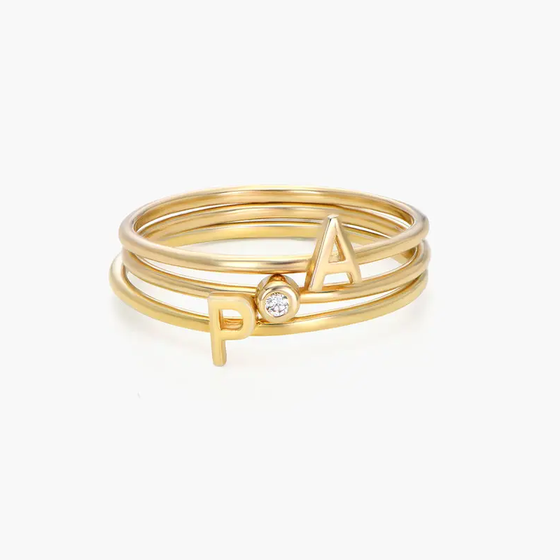 18K Gold Personalized Initial Cubic Zirconia Stacking Ring for Women-1