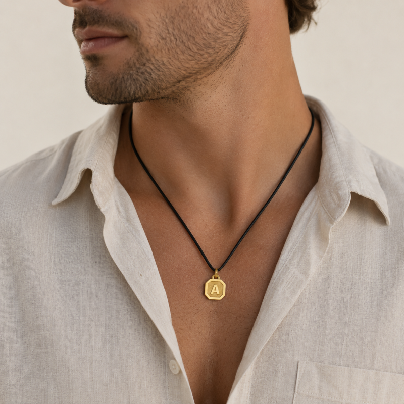 18K Gold Personalized Initial Letter Necklace for Men-2