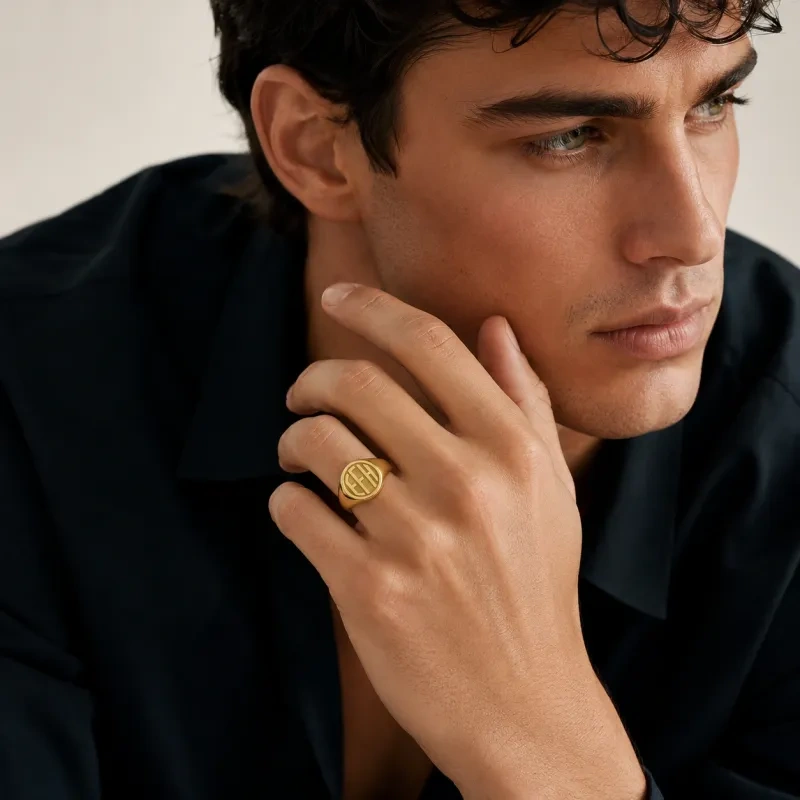 Bague chevalière personnalisée en or 14 carats avec initiale pour homme-2