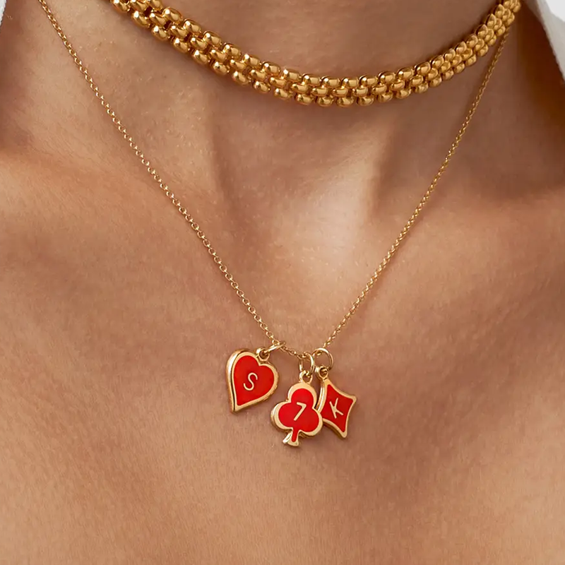 18Kゴールド パーソナライズ イニシャル レッド ハート ネックレス（女性用）-3