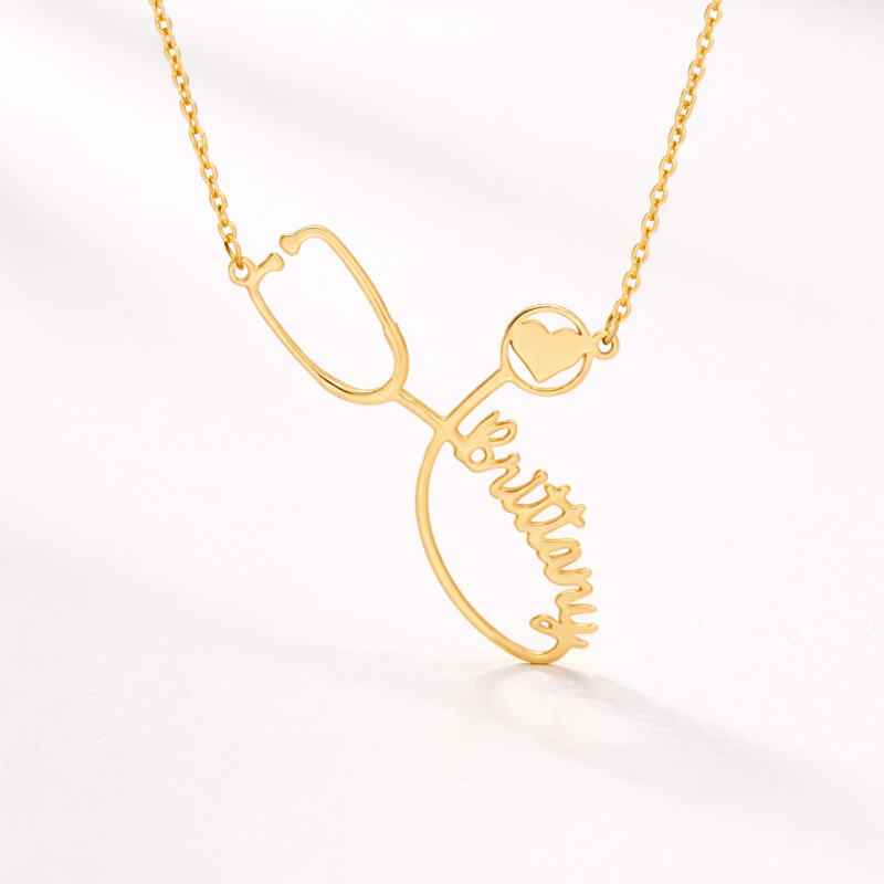 10K-Gold-Halskette mit personalisiertem Namen, Herz und Stethoskop für Damen-3
