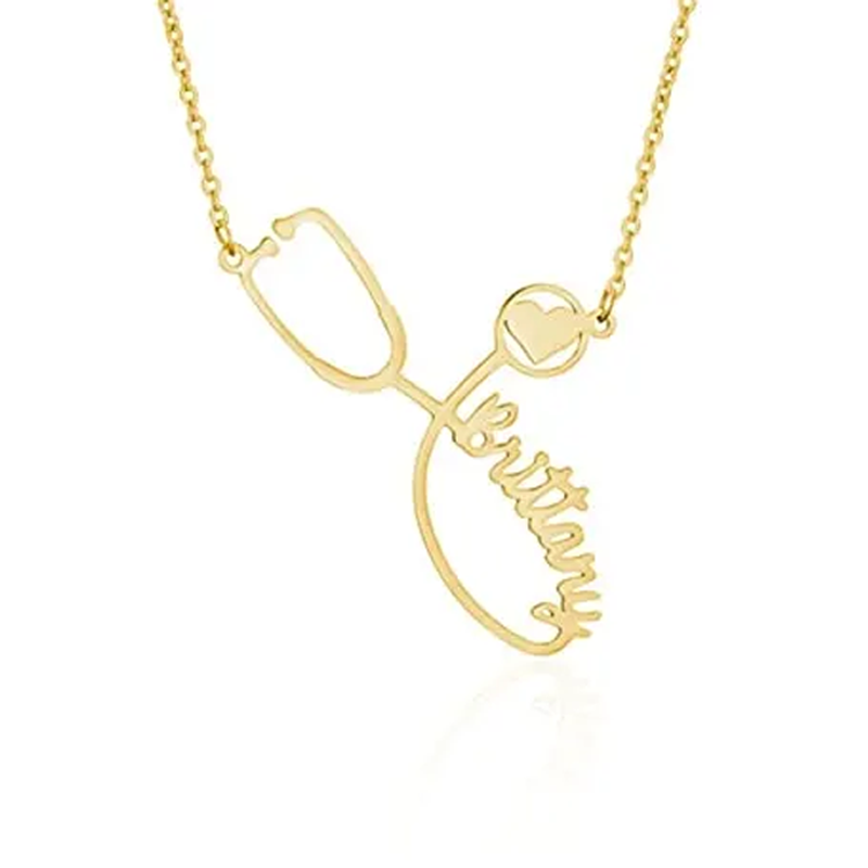 10K-Gold-Halskette mit personalisiertem Namen, Herz und Stethoskop für Damen-1