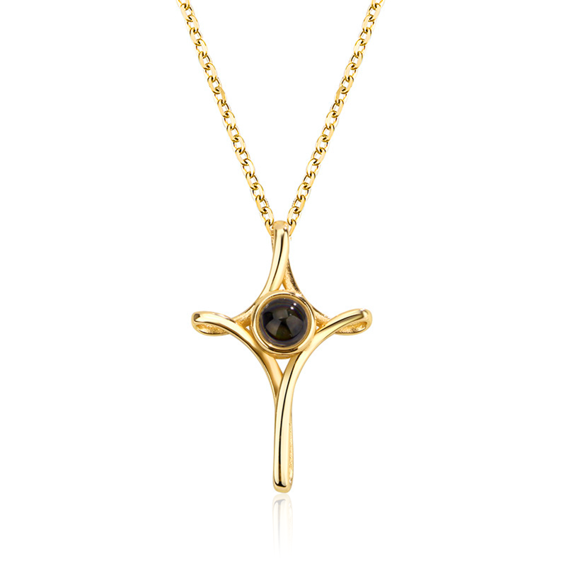 Collar personalizado de oro de 10 quilates con proyección y cruz para mujer-1