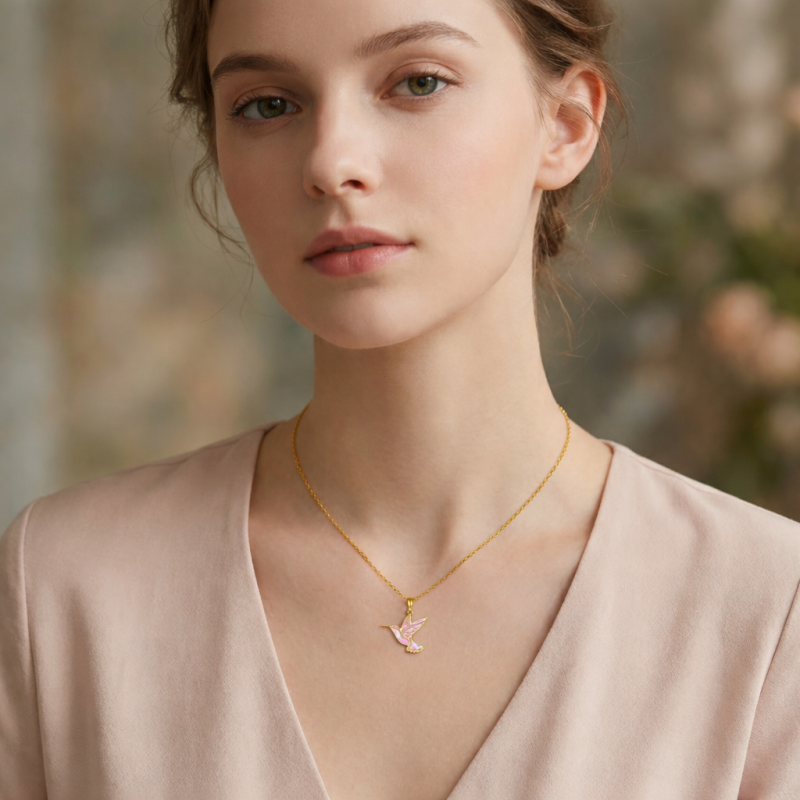 10K Gold Pink Opal Hummingbird Pendant Necklace-2