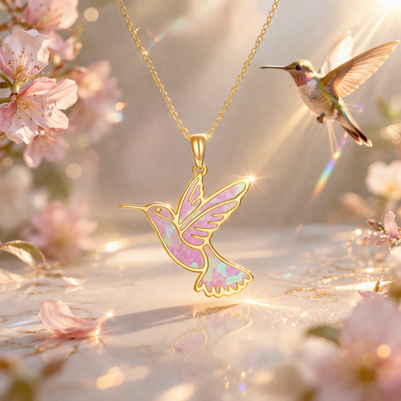 10K Gold Pink Opal Hummingbird Pendant Necklace-3