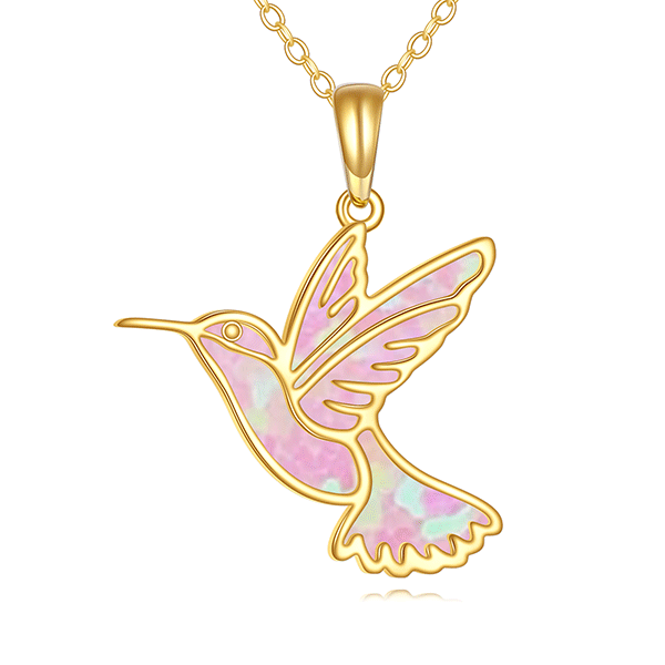 10K Gold Pink Opal Hummingbird Pendant Necklace-1
