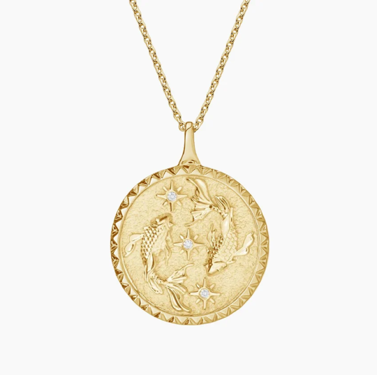 Collar con colgante de medallón de diamantes del signo zodiacal Piscis en oro de 10 quilates