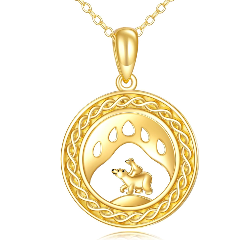 Collar redondo con nudo espiral celta de oso polar de oro de 10 quilates para mujer-1