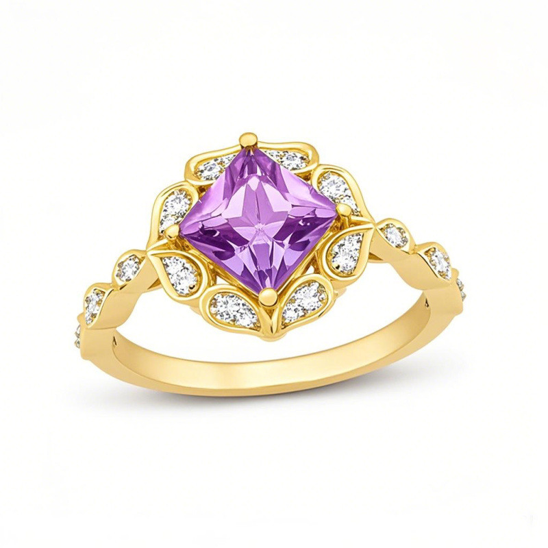 Anillos de compromiso personalizados con piedras preciosas y flores de corte princesa en oro de 14 quilates-1