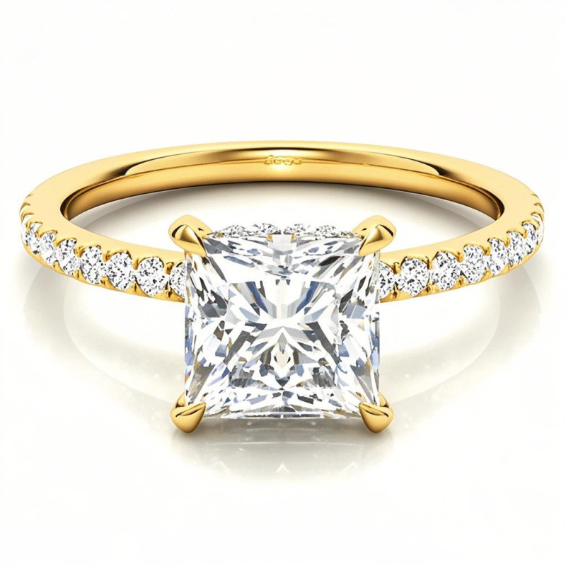 10K Gold Princess Cut Moissanite Hidden Halo Engagement Ring-1