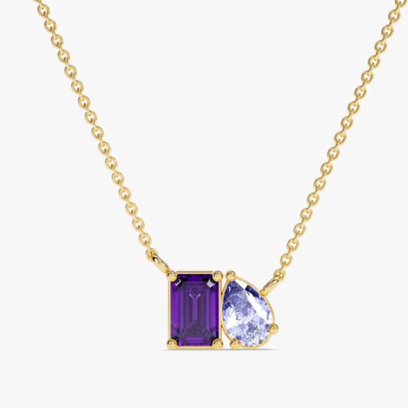 Collier pendentif personnalisé en or 10 carats avec pierre de naissance et sœurs, taille princesse et poire-1