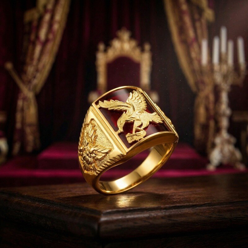 Anillo de sello para hombre en oro de 14 quilates con rubí talla princesa y diseño de águila y flecha-3