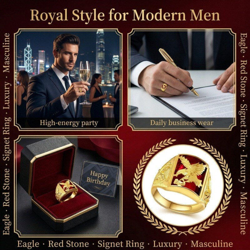 Anillo de sello para hombre en oro de 14 quilates con rubí talla princesa y diseño de águila y flecha-4