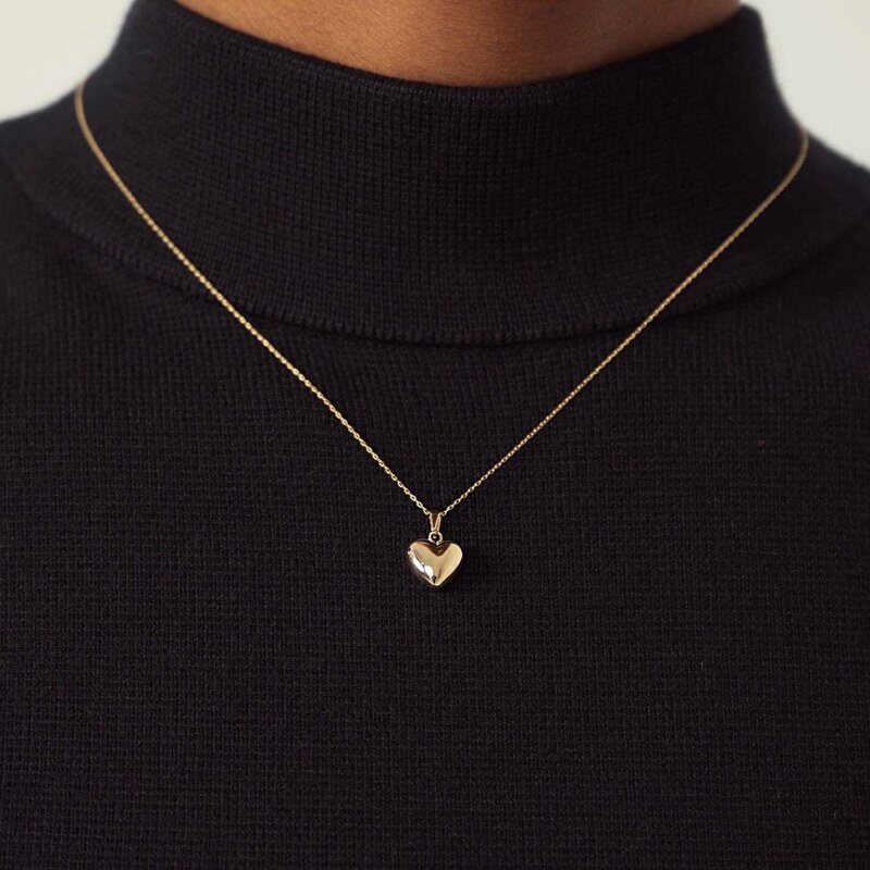 14K-Gold-Halskette mit gepufftem Herzanhänger-2