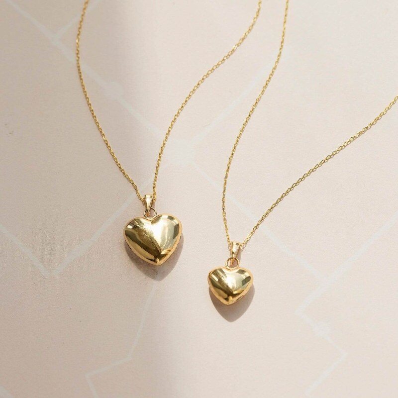 14K-Gold-Halskette mit gepufftem Herzanhänger-3