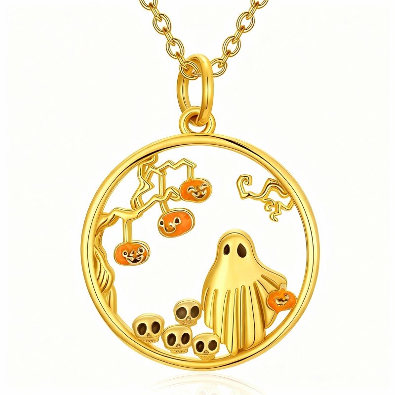 Collier pendentif citrouille, rond, crâne et fantôme en or 14 carats-1