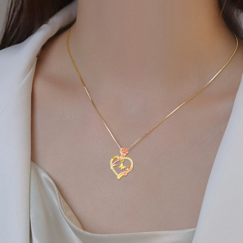 Collar de oro rosa de 10 quilates con forma de mariposa y rosa para mujer-3