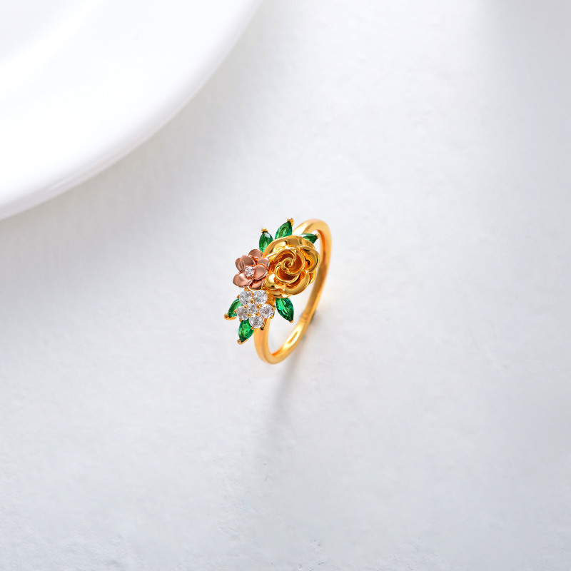 Anillo de oro de 18 quilates y oro rosa con circonita cúbica y flor de melocotón para mujer-4