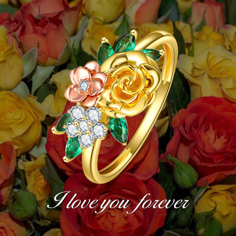Anillo de oro de 18 quilates y oro rosa con circonita cúbica y flor de melocotón para mujer-5