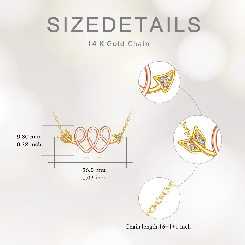 Halskette mit Anhänger aus 14 Karat Gold und Roségold mit Zirkonia, Pfeil der Liebe, Knoten, Doppelherz, Valentinstag, Schmuck, Geschenke-5