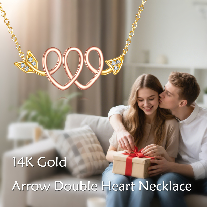 Halskette mit Anhänger aus 14 Karat Gold und Roségold mit Zirkonia, Pfeil der Liebe, Knoten, Doppelherz, Valentinstag, Schmuck, Geschenke-6