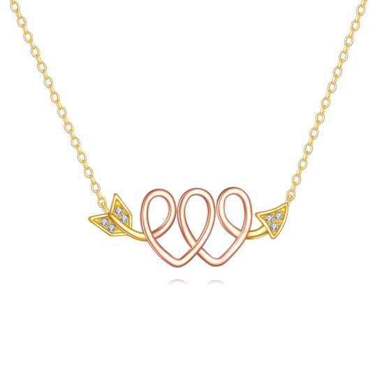Halskette mit Anhänger aus 14 Karat Gold und Roségold mit Zirkonia, Pfeil der Liebe, Knoten, Doppelherz, Valentinstag, Schmuck, Geschenke