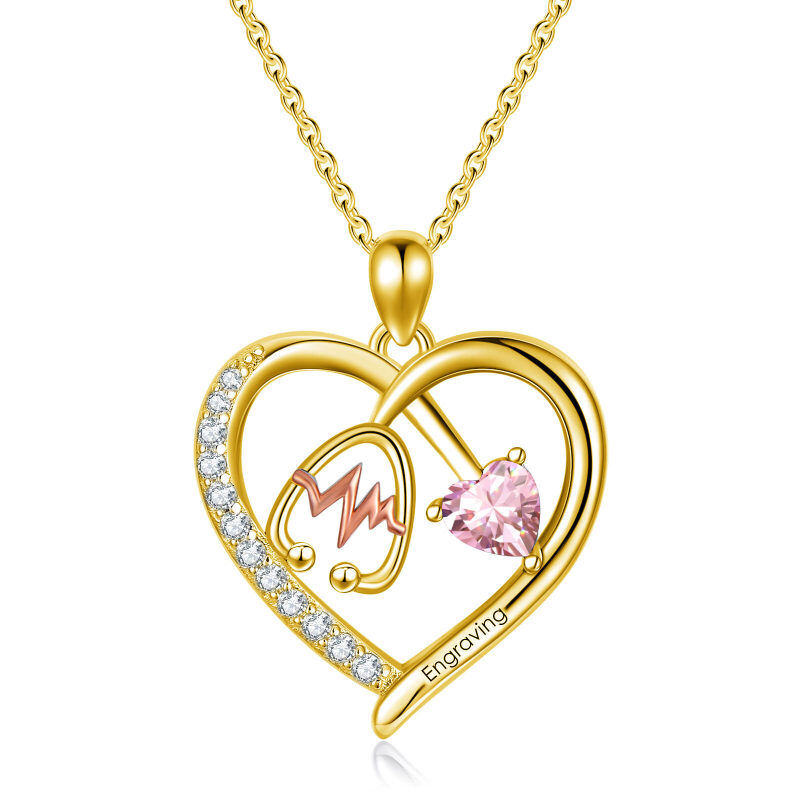 14K Gold & Rose Gold Heart Cut Cubic Zirconia Personalized Birthstone Stethoscope Necklace for Women-1