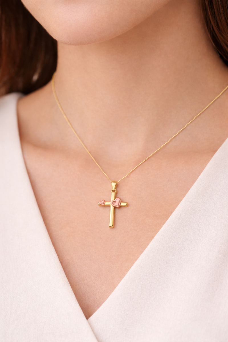 14K Gold & Rose Gold Heart Women's Cross Necklace-2