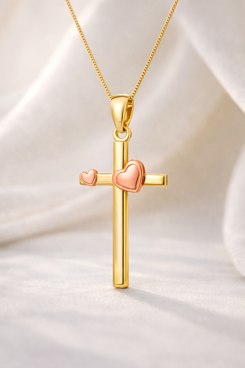 14K Gold & Rose Gold Heart Women's Cross Necklace-3