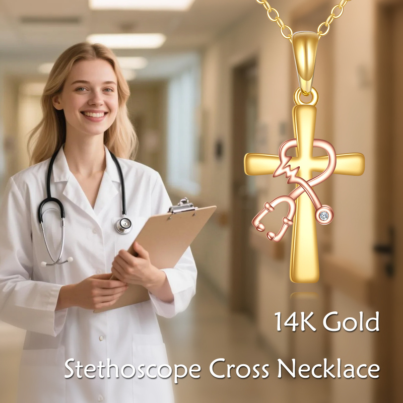 18K Gold & Rose Gold Moissanite Cross & Stethoscope Pendant Necklace-6