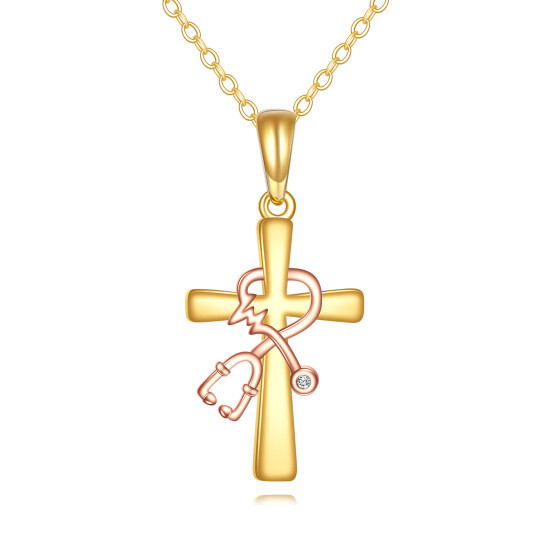 10K Gold & Rose Gold Moissanite Cross & Stethoscope Pendant Necklace