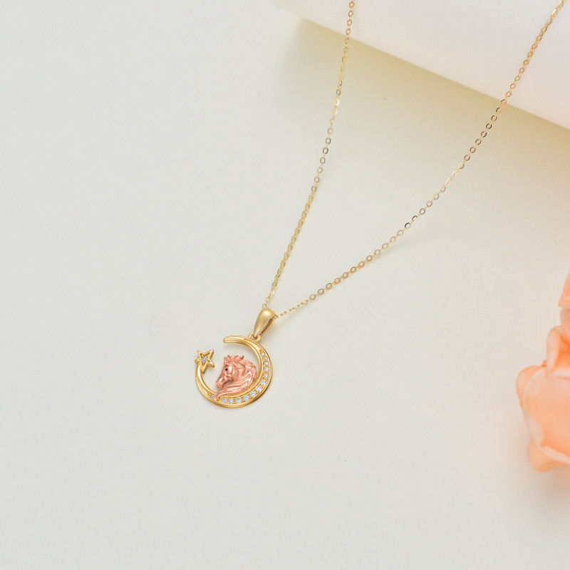 14K Gold & Roségold Runde Moissanit Pferd mit Mond Stern Anhänger Halskette für Frauen-4