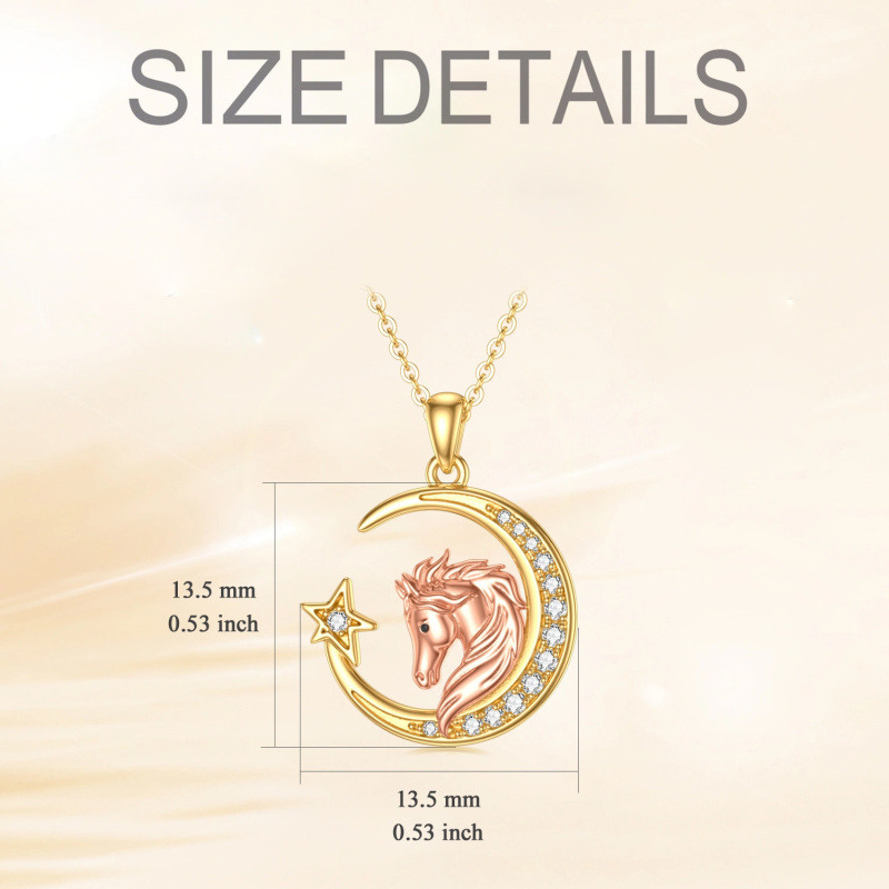 14K Gold & Roségold Runde Moissanit Pferd mit Mond Stern Anhänger Halskette für Frauen-5