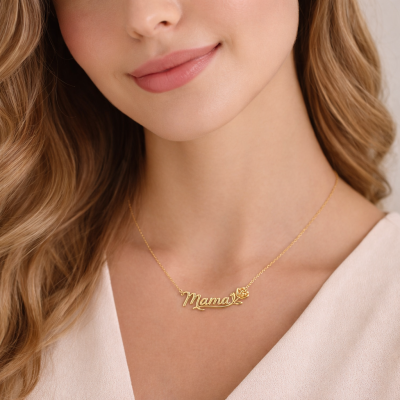 Collar con colgante de oro de 14 quilates en forma de rosa y «Mamá»-2