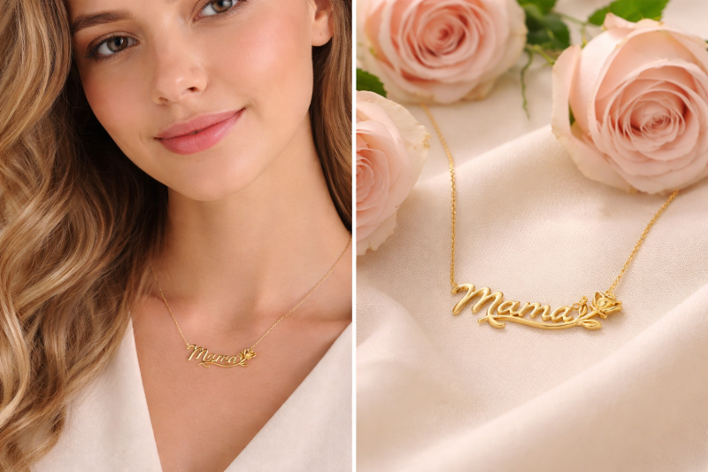 Collar con colgante de oro de 14 quilates en forma de rosa y «Mamá»-3