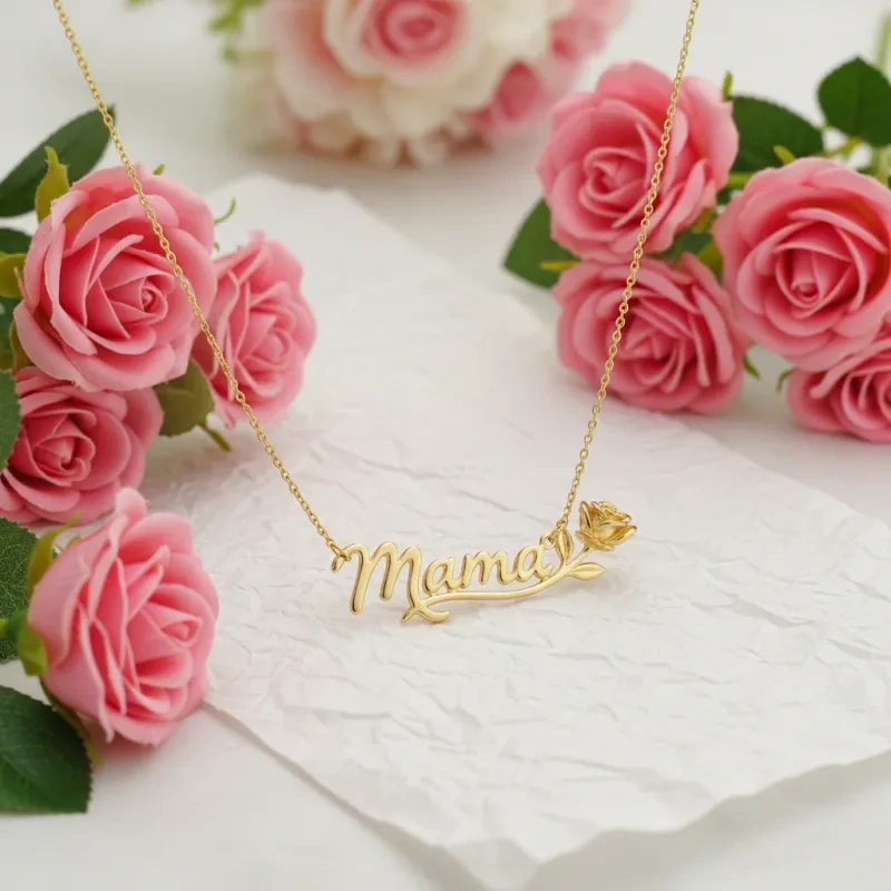 Collar con colgante de oro de 14 quilates en forma de rosa y «Mamá»-4