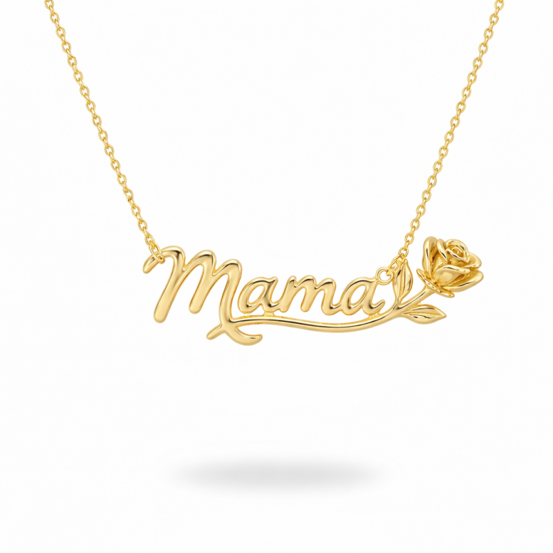 Collar con colgante de oro de 14 quilates en forma de rosa y «Mamá»-1