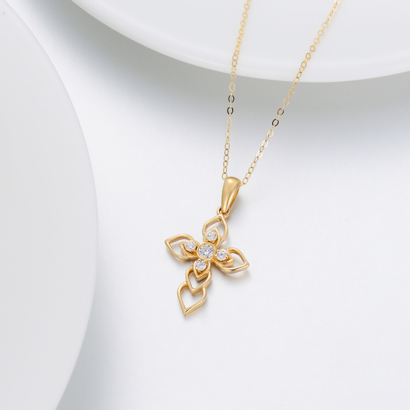 18K Gold Runde Cubic Zirkonia Kreuz Anhänger Halskette-3