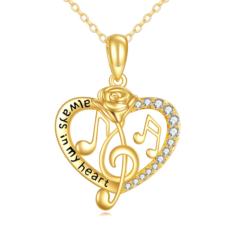 Collar con colgante redondo de oro de 10 quilates con circonitas cúbicas en forma de rosa, corazón y símbolo musical, con palabra grabada-1